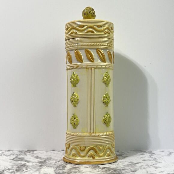 VTG 90s Italian Mediterranean Artichokes Ceramic Tall Pasta Canister Keeper - Picture 1 of 17